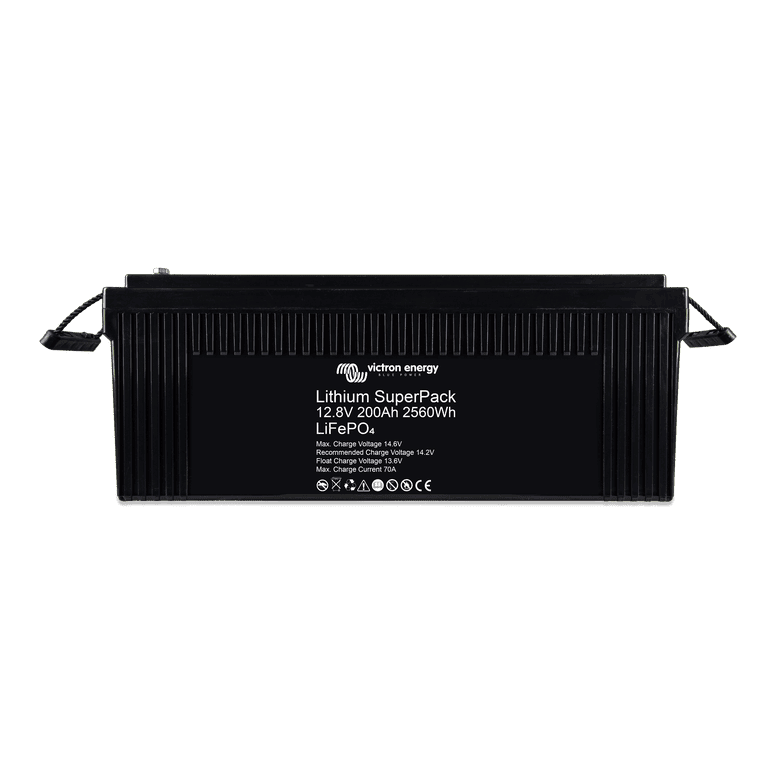 Front view of black 12V 200Ah Lithium SuperPack battery with side carry handles