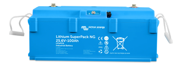Front view of Victron SuperPack NG 25.6V 100Ah lithium battery with interface panel and rope handles