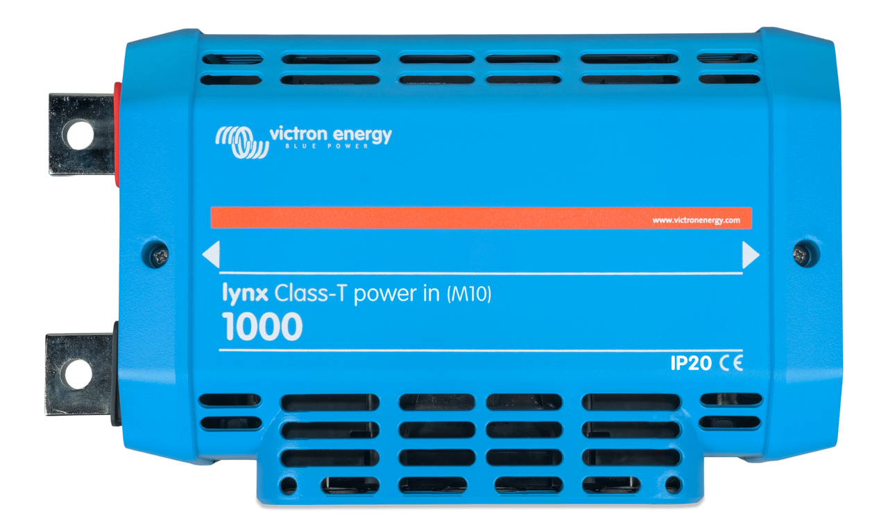 Front view of Victron Lynx Class-T Power In 1000A busbar system in blue enclosure