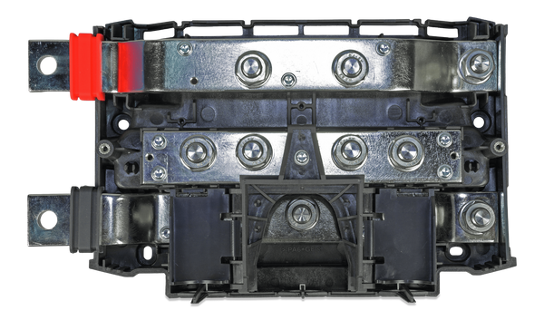 Internal view of Lynx Class-T Power In showing tinned copper busbars and M10 studs