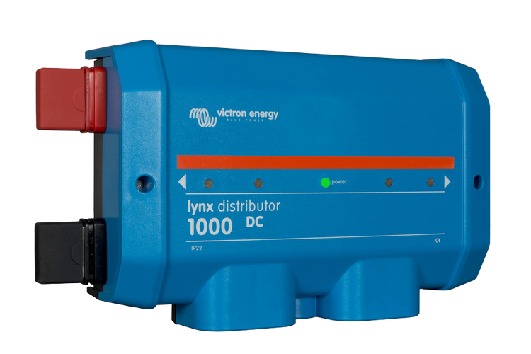 Left perspective of blue Victron Lynx Distributor 1000 DC showing enclosure design