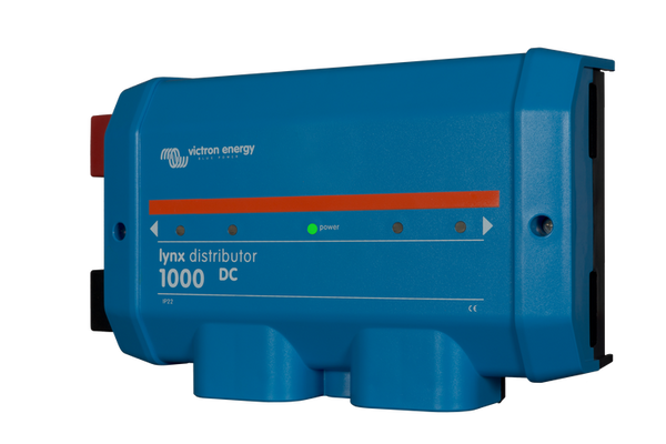 Perspective view of blue Victron Lynx Distributor 1000 showing terminal covers