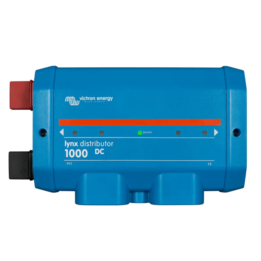 Front view of blue Victron Lynx Distributor 1000 DC busbar with power LED indicator
