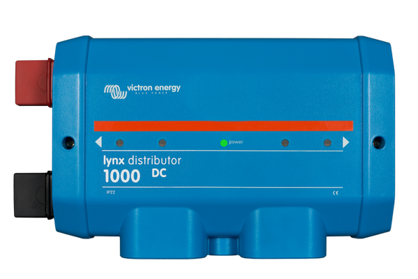 Front view of blue Victron Lynx Distributor 1000 DC busbar with power LED indicator
