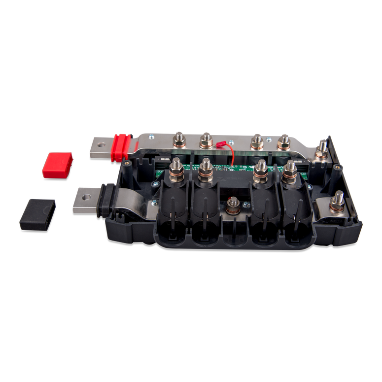 Angled internal view of busbar distributor showing M8 fuse terminal bolts