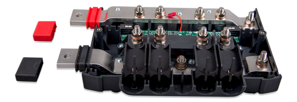 Angled internal view of busbar distributor showing M8 fuse terminal bolts