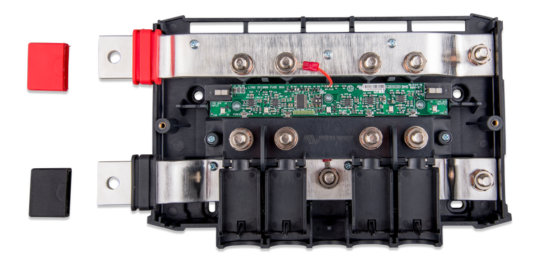 Internal top-down view of Victron Lynx Distributor showing busbars and circuit board