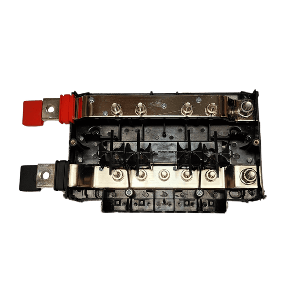 Internal top-down view of Victron Lynx Power In showing tinned copper busbars and M10 studs