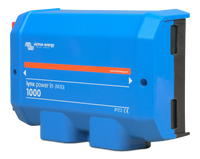 Right side perspective view of the blue Victron Lynx Power In enclosure
