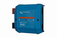 Angled side view of blue Victron Lynx Shunt 1000 showing enclosure depth and mounting slots
