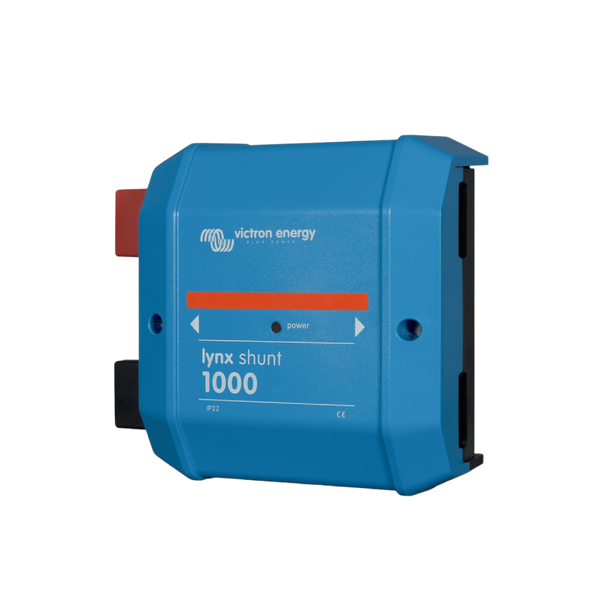 Angled view of the Victron Lynx Shunt M10 showcasing the rugged blue ABS enclosure