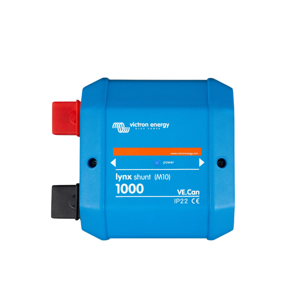 Front view of blue Victron Lynx Shunt VE.Can with M10 connections for battery monitoring