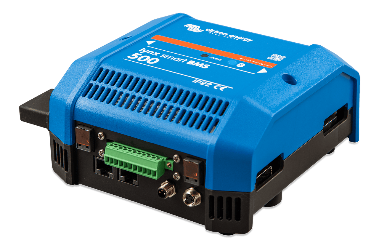 Isometric bottom view of blue Lynx Smart BMS unit showing cooling vents and port layout
