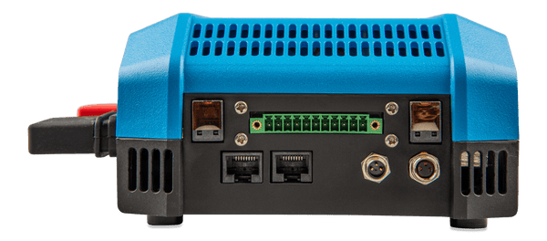 Close-up of the bottom interface panel on the Victron Lynx Smart BMS 500 showing communication ports