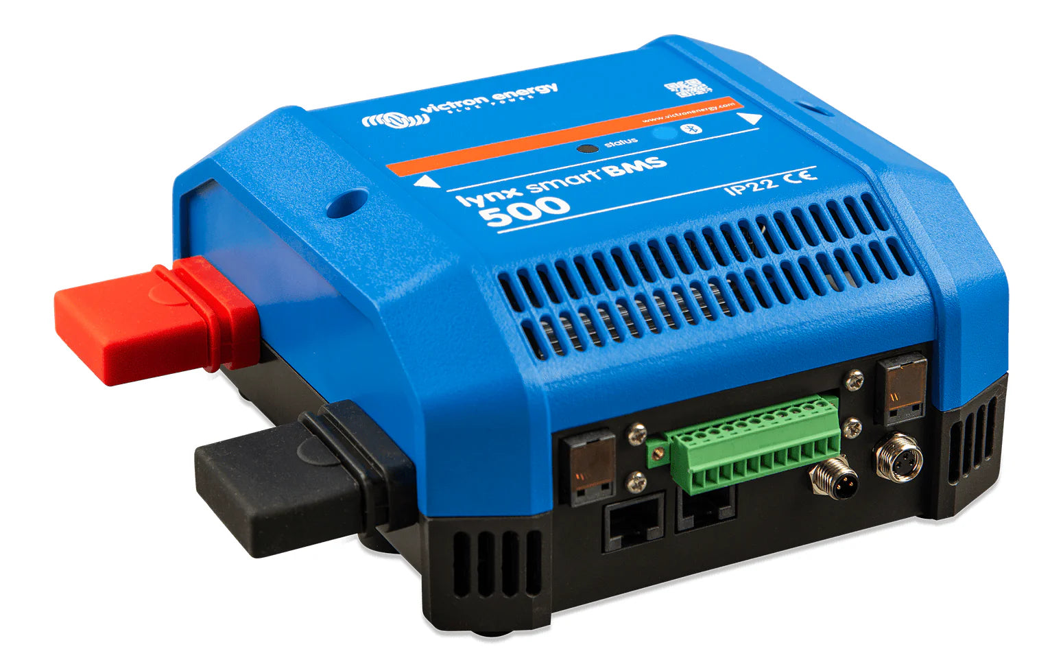Side perspective of Lynx Smart BMS 500 showing red and black terminal covers and bottom ports