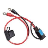 Victron M8 eyelet connector for IP65 battery charger featuring red and black leads with an integrated 30A ATO fuse holder