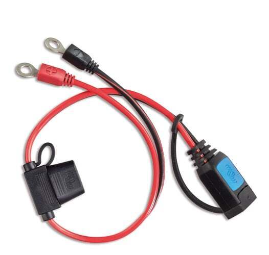 Victron M8 eyelet connector for IP65 battery charger featuring red and black leads with an integrated 30A ATO fuse holder