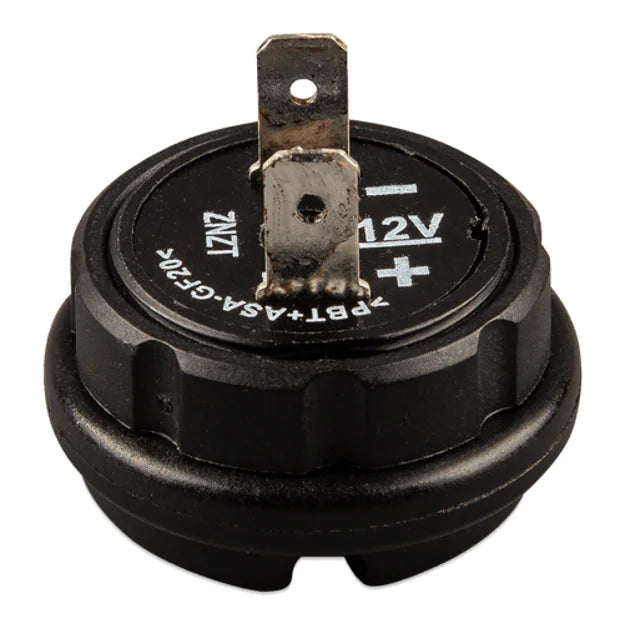 Angled rear view of the 12V power port showing connection terminals and circular plastic housing