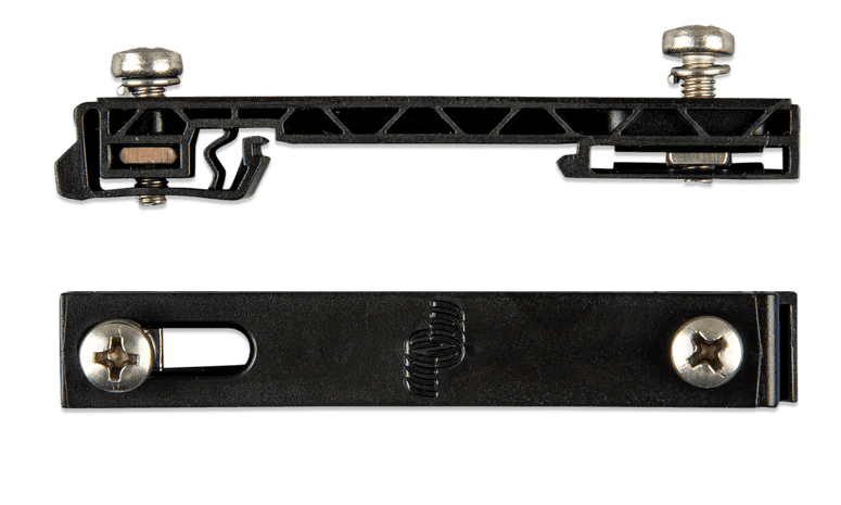 Side and top views of black DIN35 rail adapter brackets with stainless steel mounting screws