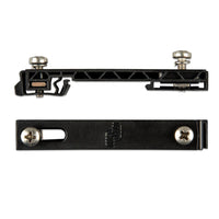 Side and top views of black DIN35 rail adapter brackets with stainless steel mounting screws