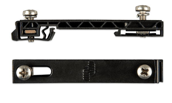 Side and top views of black DIN35 rail adapter brackets with stainless steel mounting screws