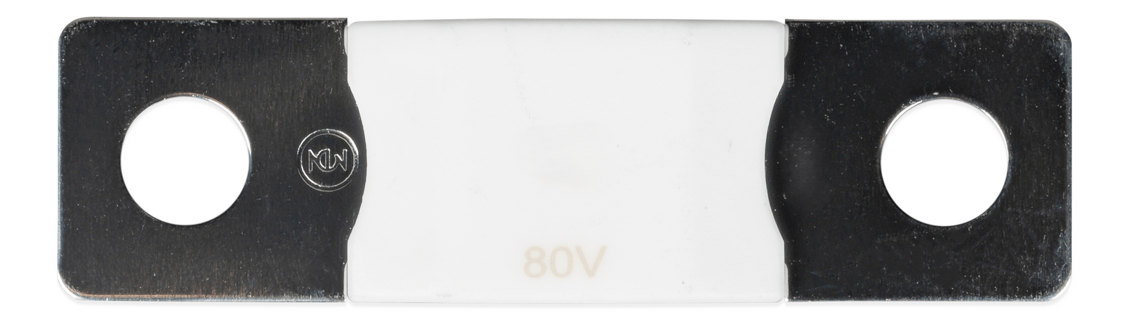 Top-down view of 40A 80V MEGA fuse showing the white ceramic housing and dual mounting holes