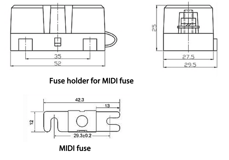 Technical dimensional drawing of a MIDI fuse and holder with metric measurements