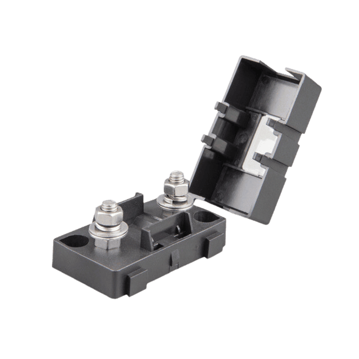 Black Victron MIDI fuse holder with open flip-top cover showing two threaded mounting studs