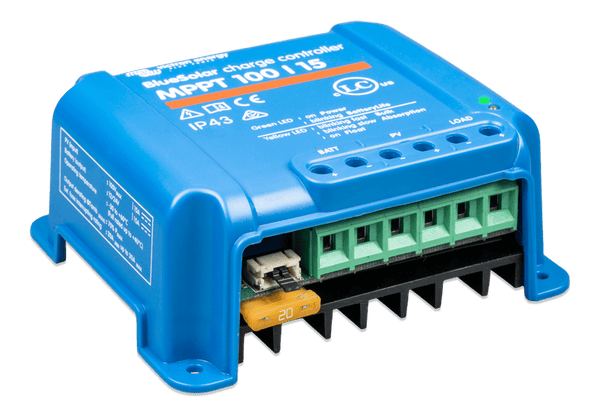 Side view of BlueSolar MPPT 100/15 controller showing technical specification label
