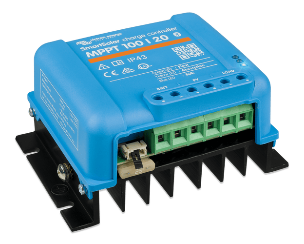 Side perspective view of a blue Victron SmartSolar MPPT 100/20 charge controller