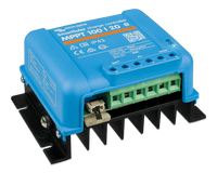 Side perspective view of a blue Victron SmartSolar MPPT 100/20 charge controller