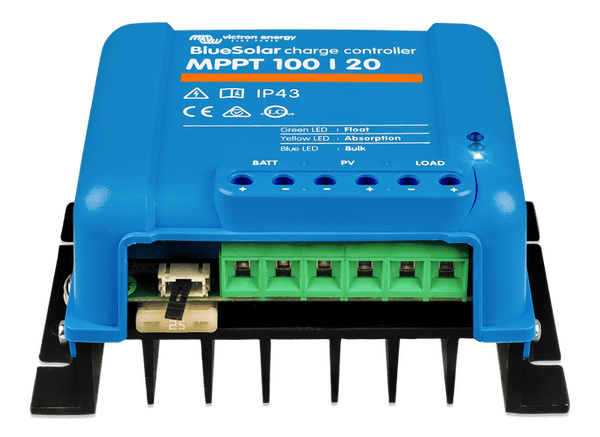 Top view looking down at the terminal designations for battery, solar PV and load output
