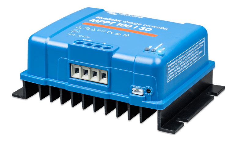 Side view of the Victron MPPT 100/30 controller showing mounting flange and specification label