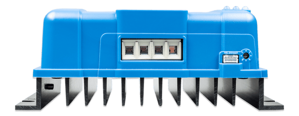 Detailed front view of the PV and battery terminals and VE.Direct port on a solar controller