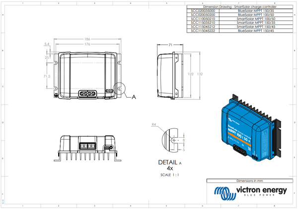 Dimensional drawing of the MPPT 100/50 unit with measurements in millimetres