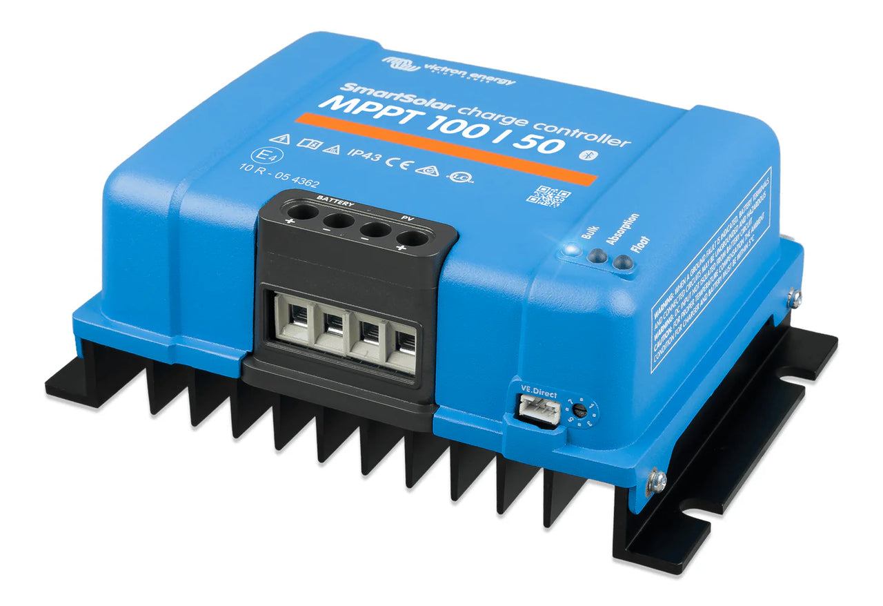 Side perspective of blue SmartSolar MPPT controller showing the cooling fin design