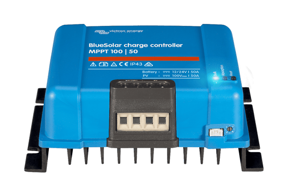 Close-up of BlueSolar controller base highlighting the VE.Direct port and rotary switch