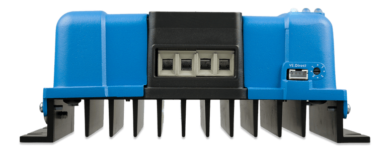 Bottom edge view of charge controller showing screw terminals and VE.Direct communication port
