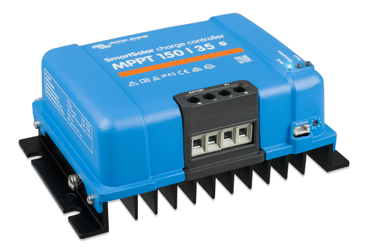 Perspective view of solar charge controller showing technical specification label and mounting points