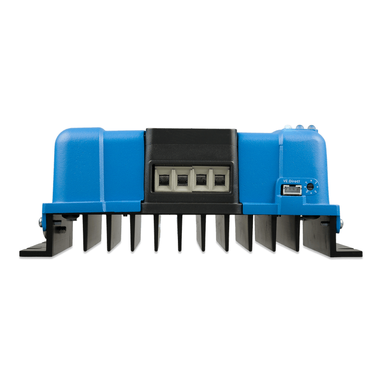 Bottom view of charge controller showing screw terminal blocks and VE.Direct communication port
