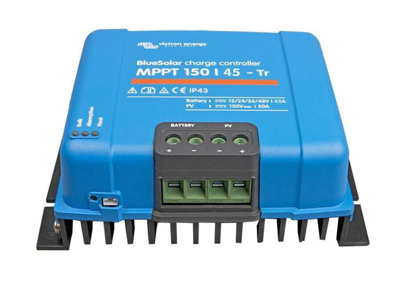 Perspective view of the solar charge controller showing screw terminals and the large black heat sink at the base