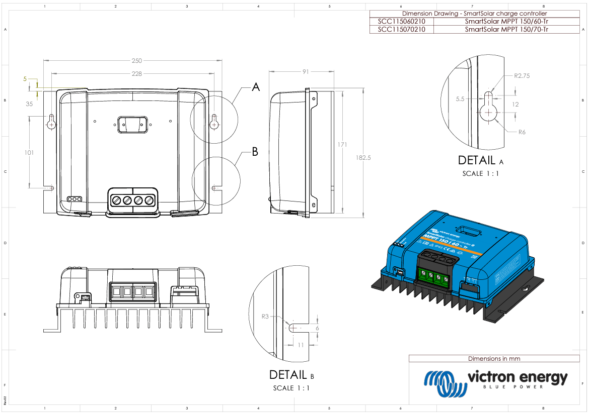 Dimensional technical drawing of the SmartSolar MPPT 150/60-Tr in millimetres