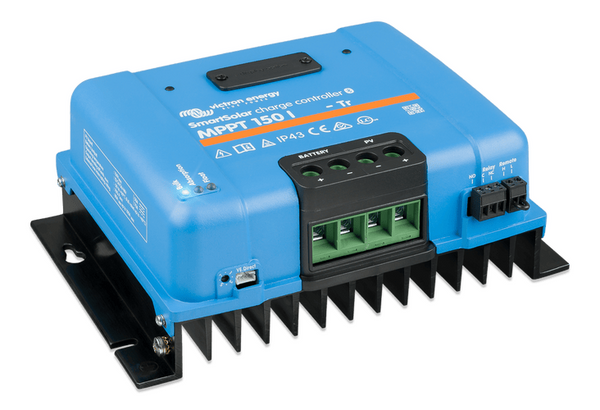Front-left angle of the Victron MPPT charge controller showing the VE.Direct port
