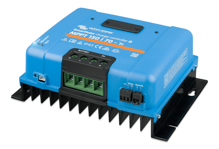 Isometric view of the Victron charge controller showing wiring ports and heat sink