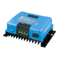 Isometric view of the Victron charge controller showing wiring ports and heat sink