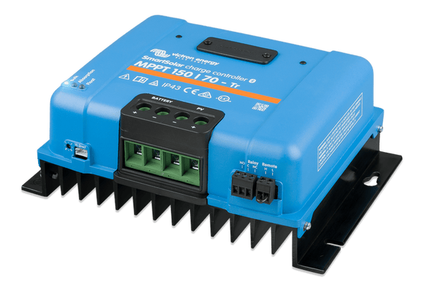 Isometric view of the Victron charge controller showing wiring ports and heat sink