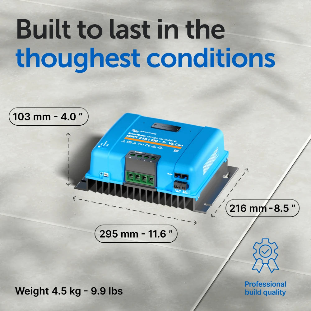 Dimensional drawing of the MPPT 250/100 showing width, height, depth and weight
