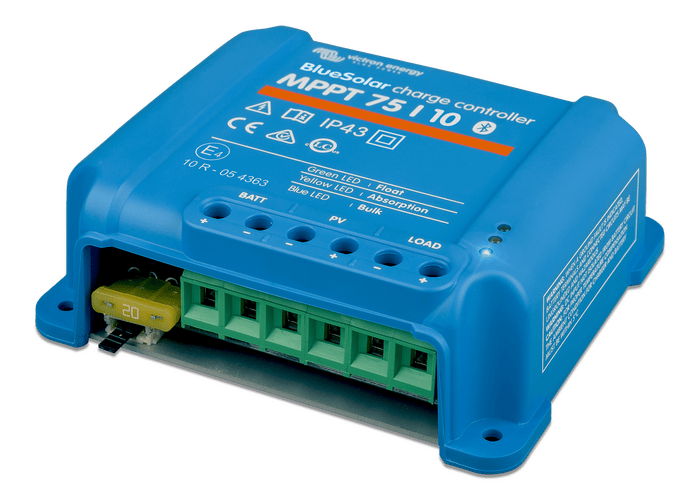 Angled view of MPPT 75/10 controller showing wiring terminal block and replaceable blade fuse