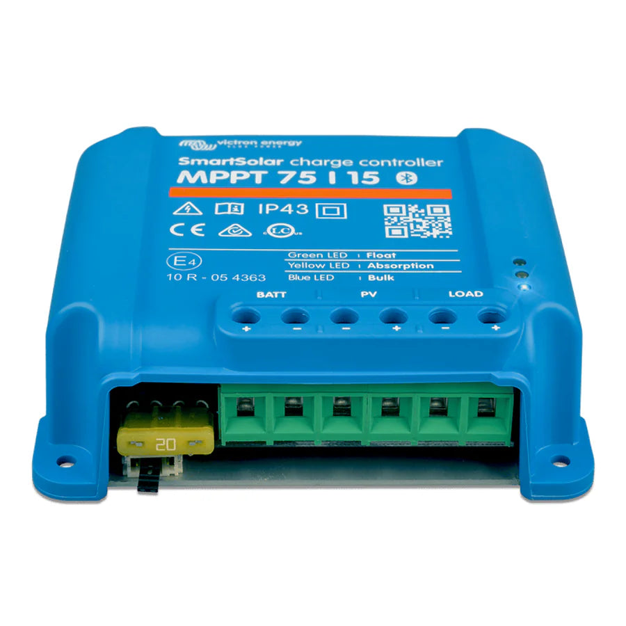 Front-facing perspective view of the blue MPPT 75/15 enclosure and terminal cover