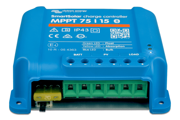 Front-facing perspective view of the blue MPPT 75/15 enclosure and terminal cover